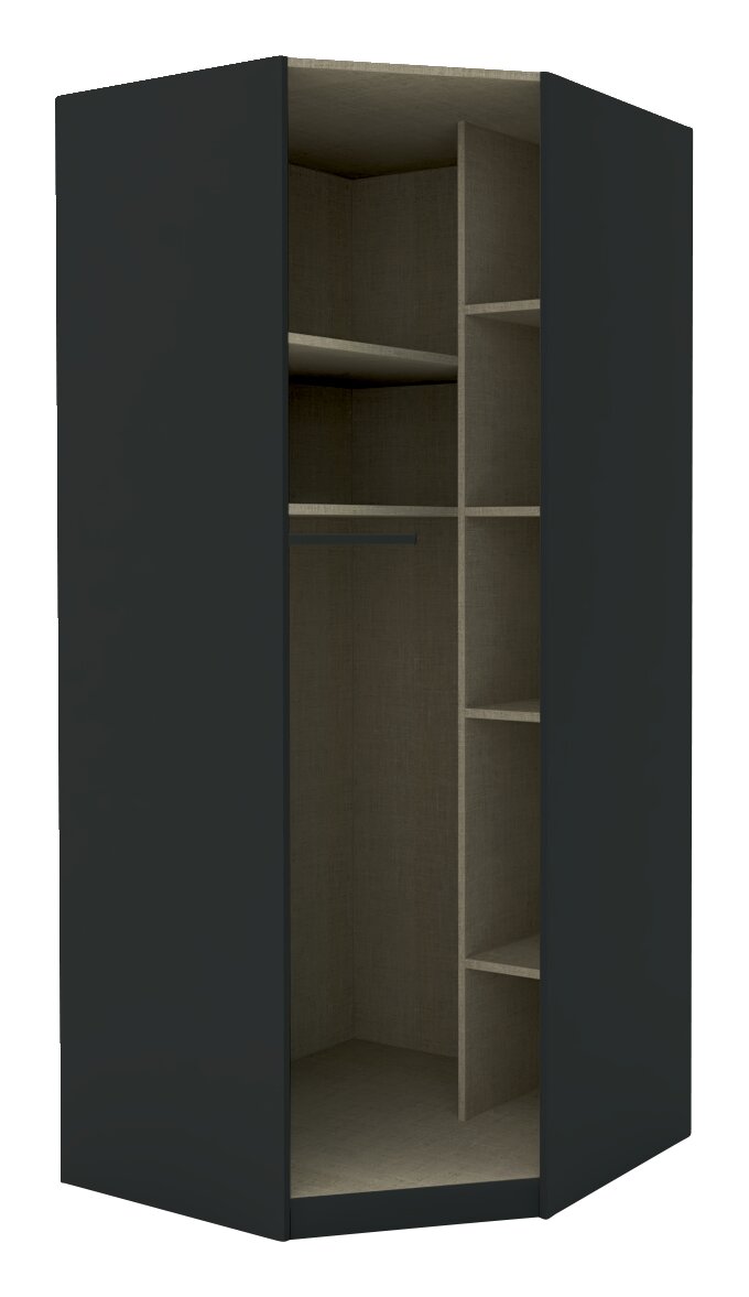 Eckschrank Korpus 210 in dunkler Farbe mit mehreren Regalfächern und Kleiderstange, frontale Ansicht