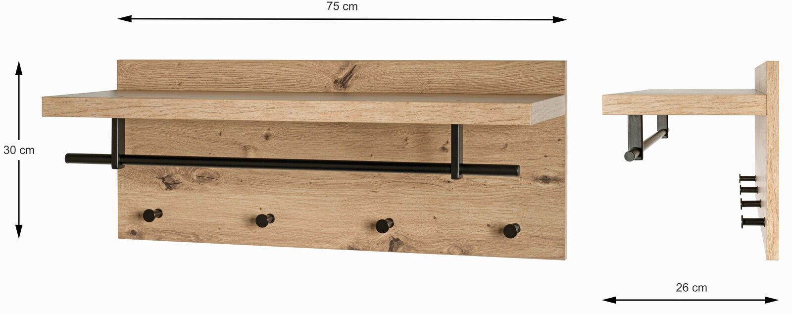 Wandgarderobe aus Holz mit schwarzer Metallstange und Haken, Vorder- und Seitenansicht