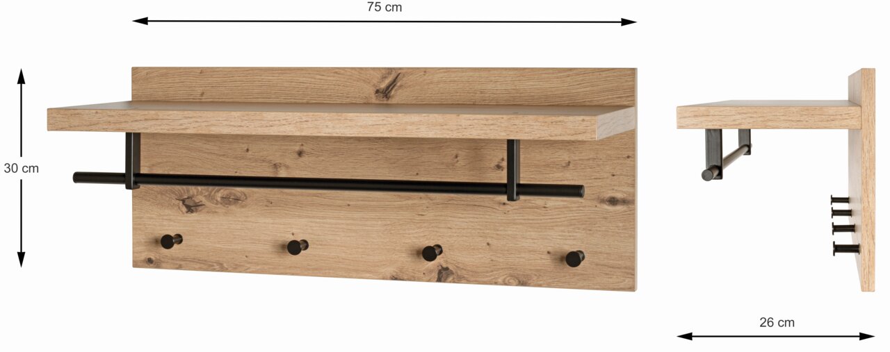 Houten wandkapstok met zwarte metalen stang en haken, vooraanzicht en zijaanzicht