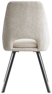 Rückansicht eines modernen Stuhls mit cremefarbenem, geripptem Stoffbezug und schwarzen Metallbeinen.