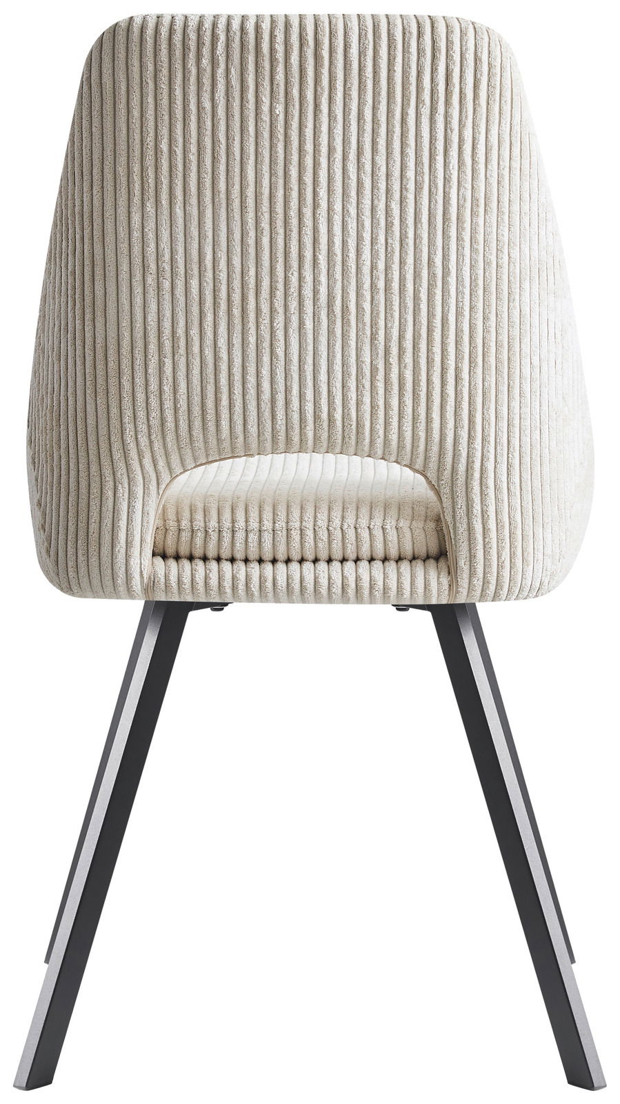 Rückansicht eines modernen Stuhls mit cremefarbenem, geripptem Stoffbezug und schwarzen Metallbeinen.