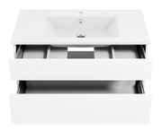 Weiße Badkombination mit Waschbecken und zwei offenen Schubladen, Ansicht von oben
