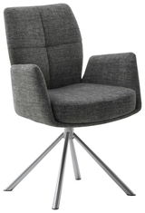 Grauer Sessel mit gepolstertem Sitz und Rückenlehne, Armlehnen und einem stabilen Metallgestell, seitliche Perspektive.