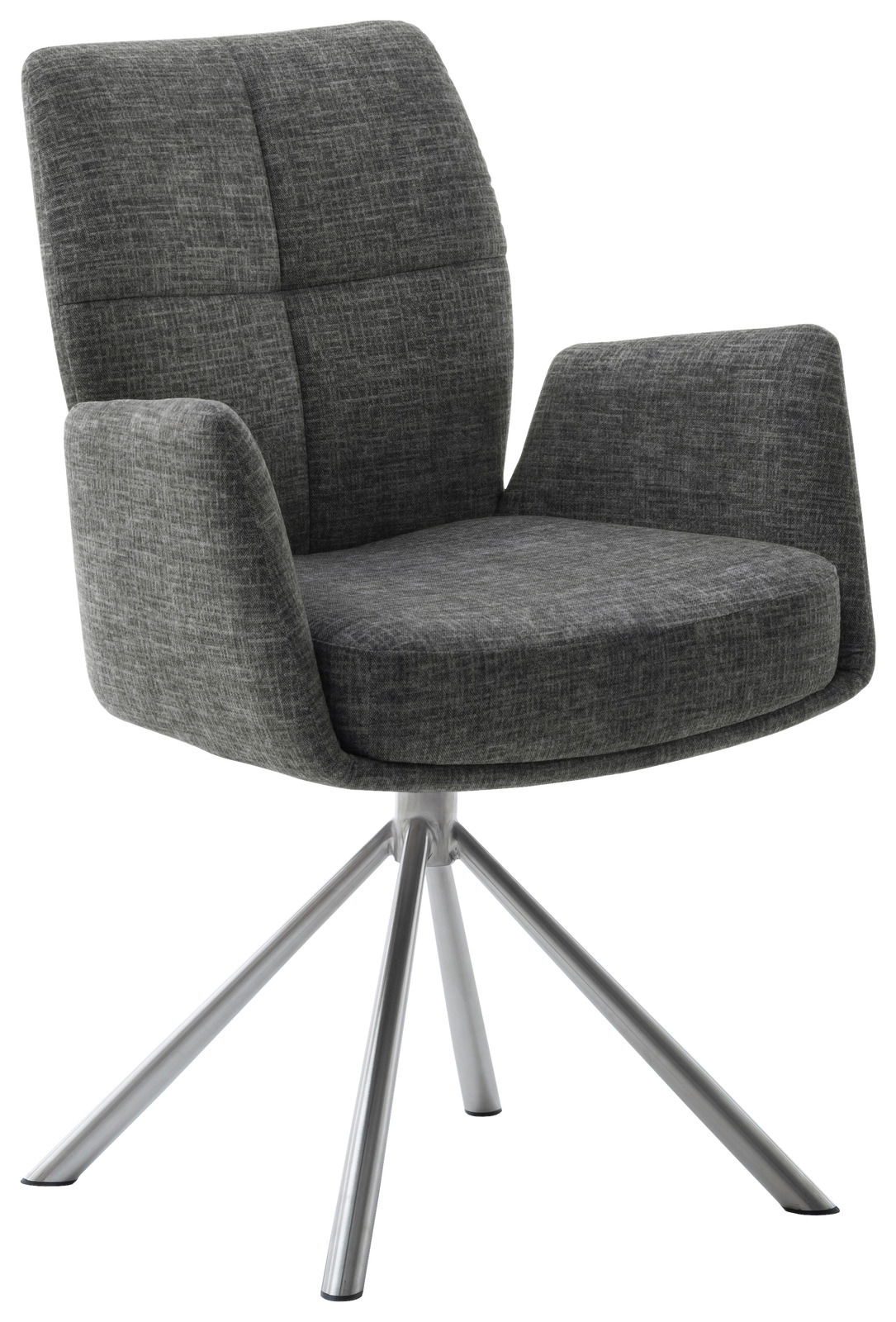 Grauer Sessel mit gepolstertem Sitz und Rückenlehne, Armlehnen und einem stabilen Metallgestell, seitliche Perspektive.