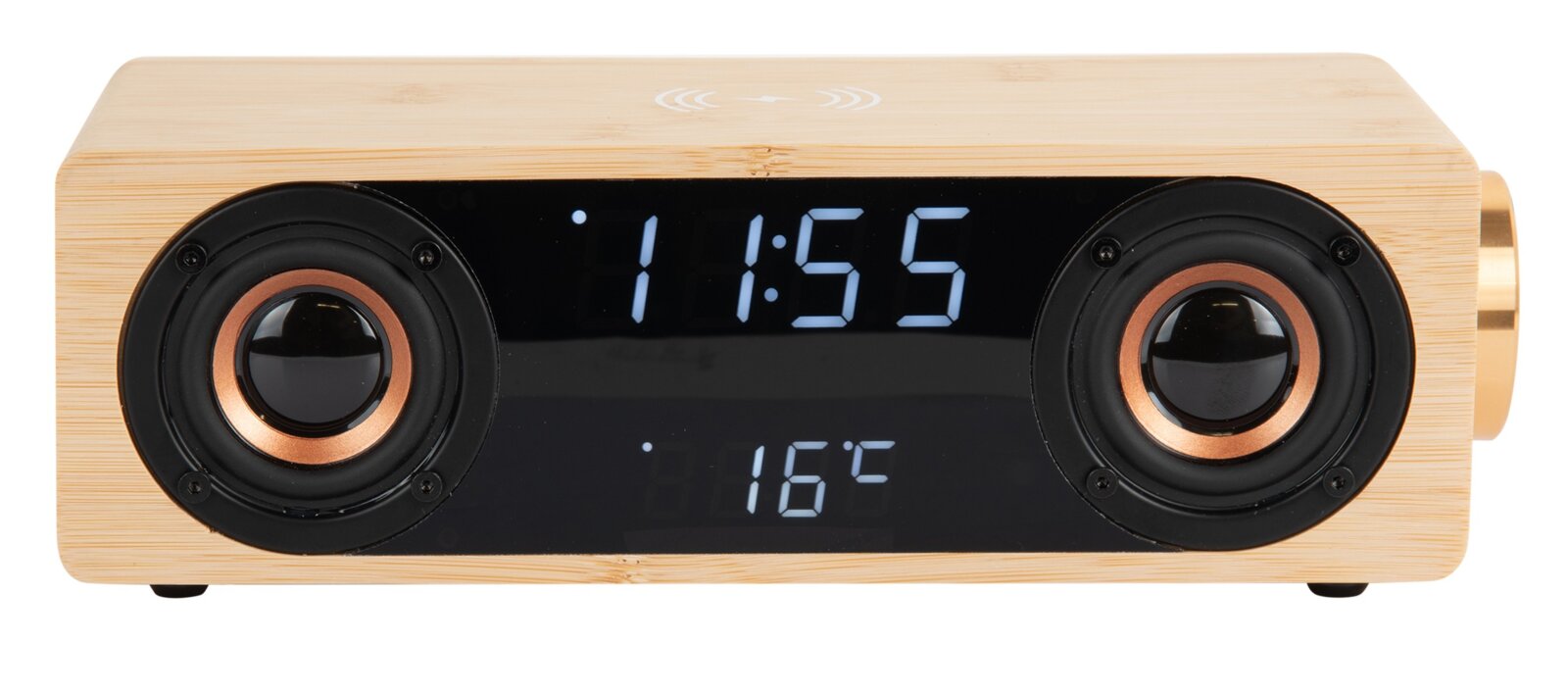 Radiowecker mit Bluetooth-Lautsprecher in Holzoptik, Vorderansicht mit digitaler Uhranzeige und Temperaturanzeige.