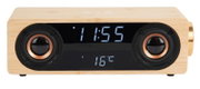 Radiowecker mit Bluetooth-Lautsprecher in Holzoptik, Vorderansicht mit digitaler Uhranzeige und Temperaturanzeige.