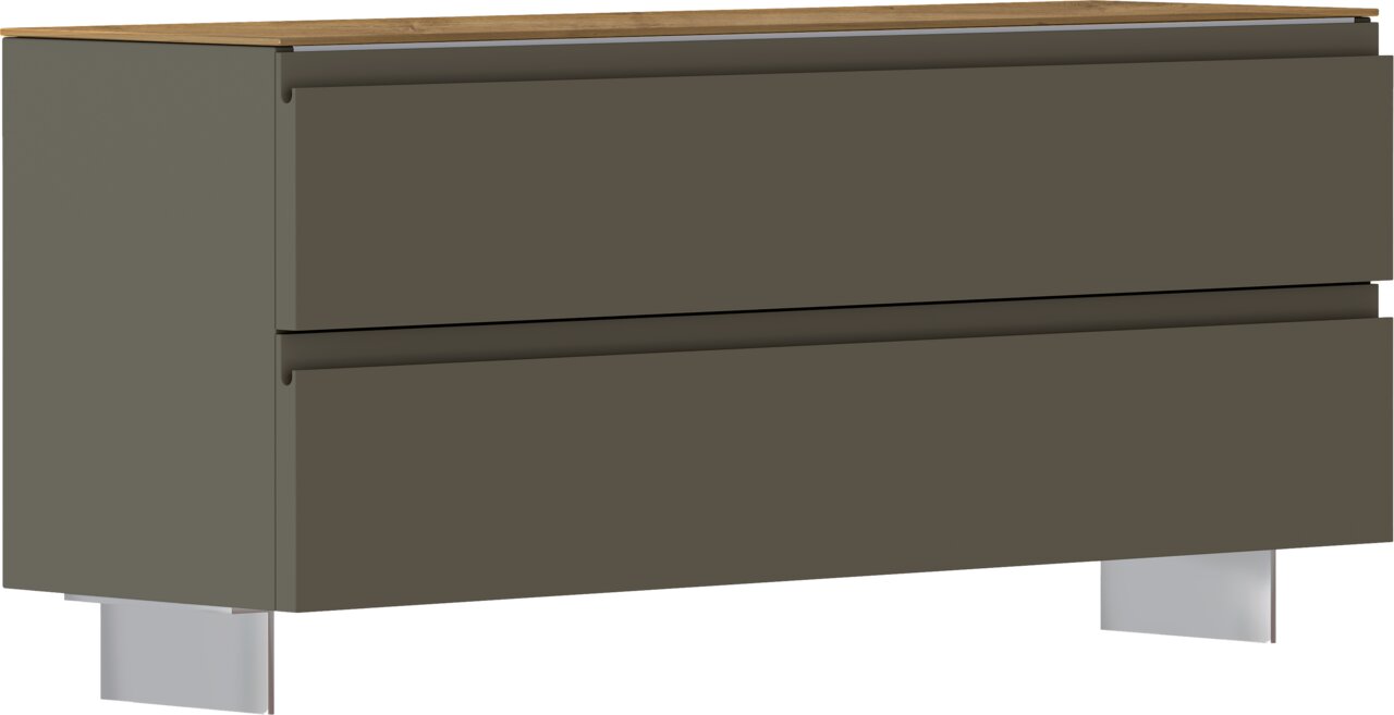 Garderobenbank mit zwei Schubladen in dunklem Grau und Holzoberfläche, seitliche Perspektive