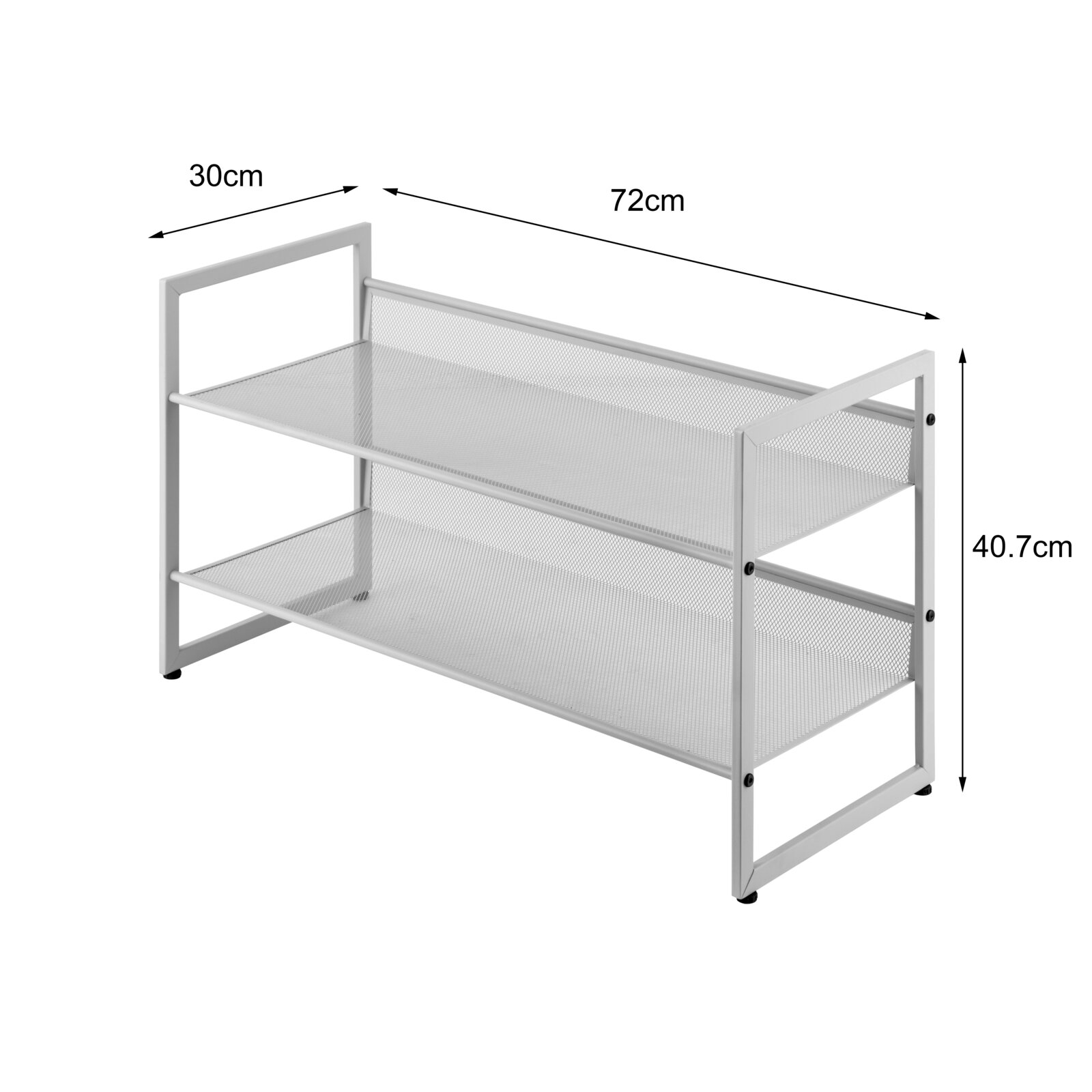 Weißes Metall-Schuhregal mit zwei Gitterablagen (ca. 72 x 30 x 40,7 cm), schräg von vorne/rechts in Perspektive dargestellt