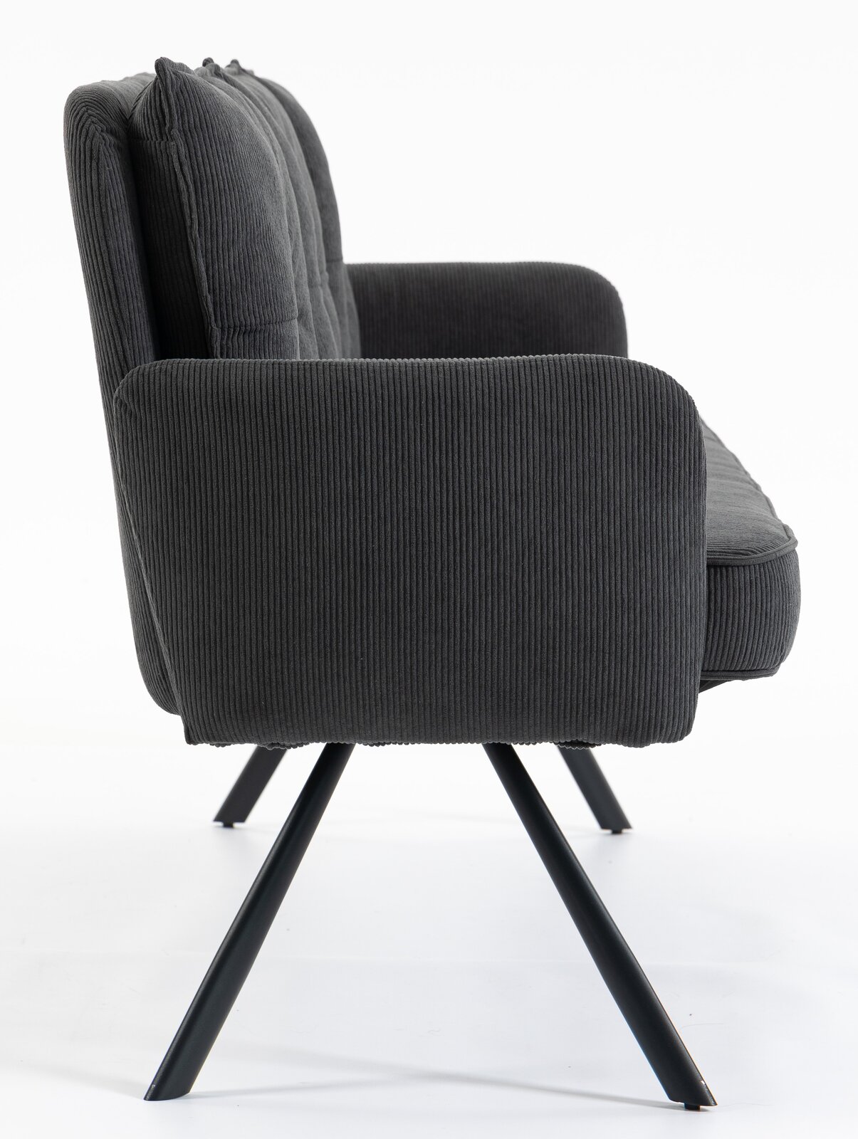 Seitenansicht einer grauen 3-Sitzer-Bank mit schwarzen Metallbeinen.