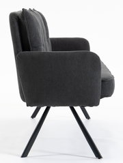 Seitenansicht einer grauen 3-Sitzer-Bank mit schwarzen Metallbeinen.