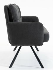 Seitenansicht einer grauen 3-Sitzer-Bank mit schwarzen Metallbeinen.