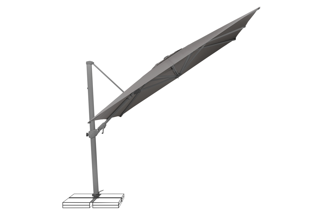 Seitenansicht eines grauen Ampelschirms mit stabilem Standfuß und schwenkbarem Schirmdach.
