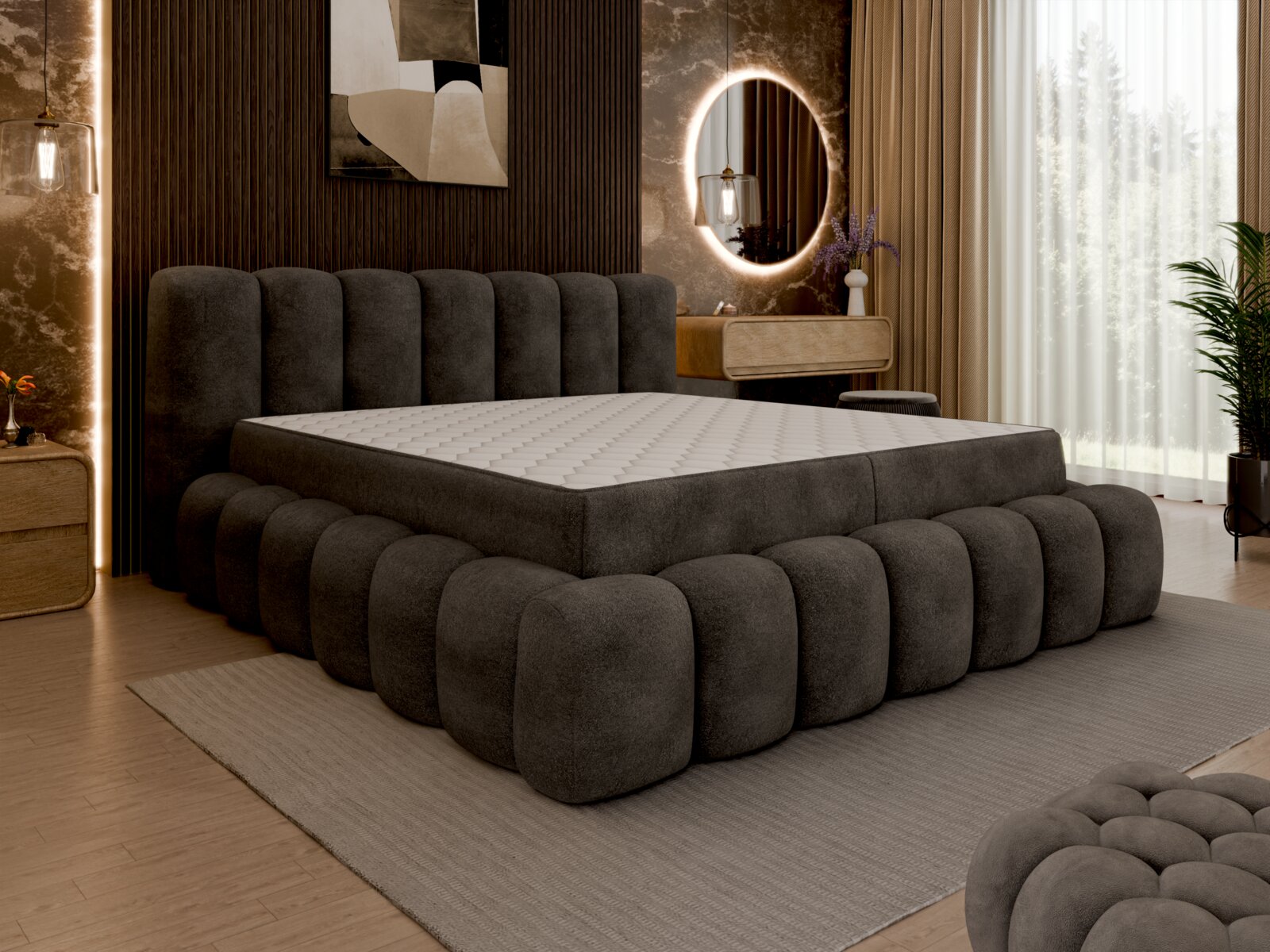 Luxuriöses Polsterbett in einem stilvollen Schlafzimmer, seitliche Perspektive