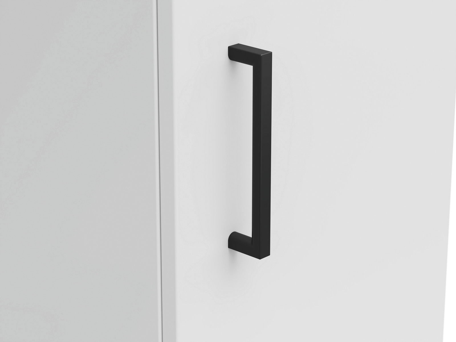 Nahaufnahme eines weißen Mehrzweckschranks mit schwarzem Griff, seitliche Perspektive