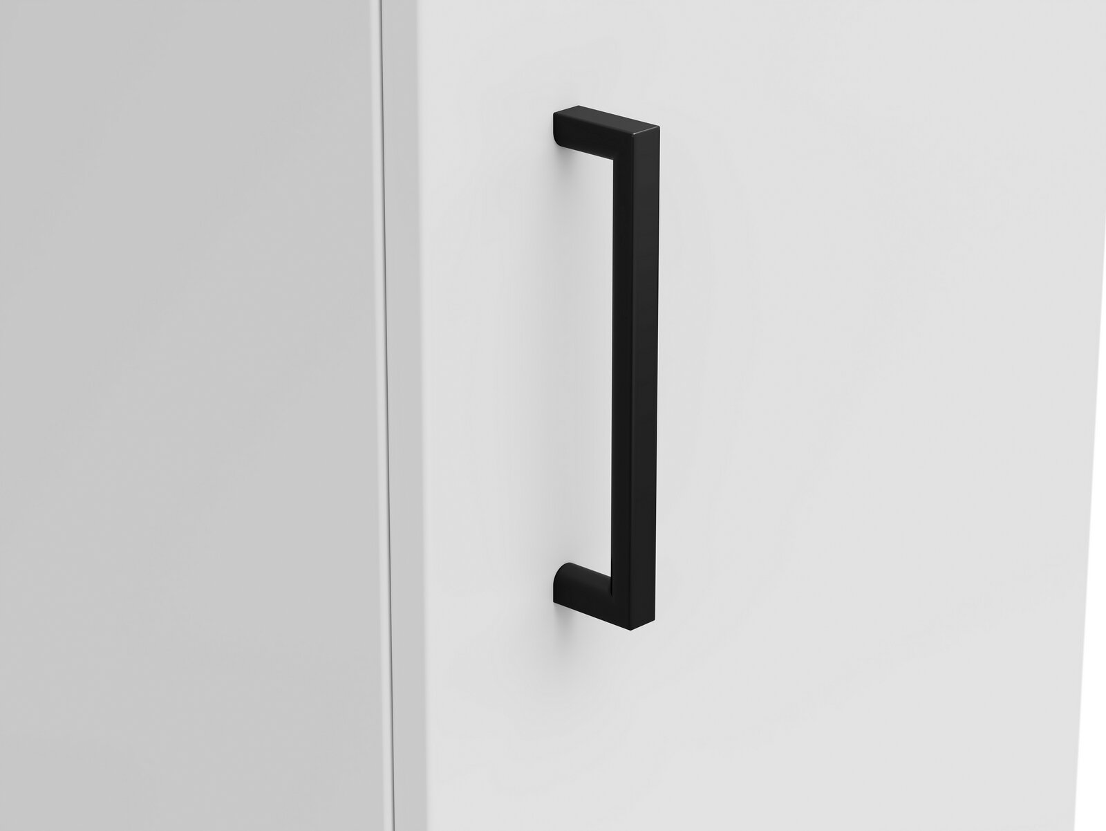 Nahaufnahme eines weißen Mehrzweckschranks mit schwarzem Griff, seitliche Perspektive