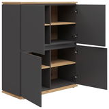 Highboard mit vier offenen Türen, graue Fronten und Holzelemente, seitliche Perspektive
