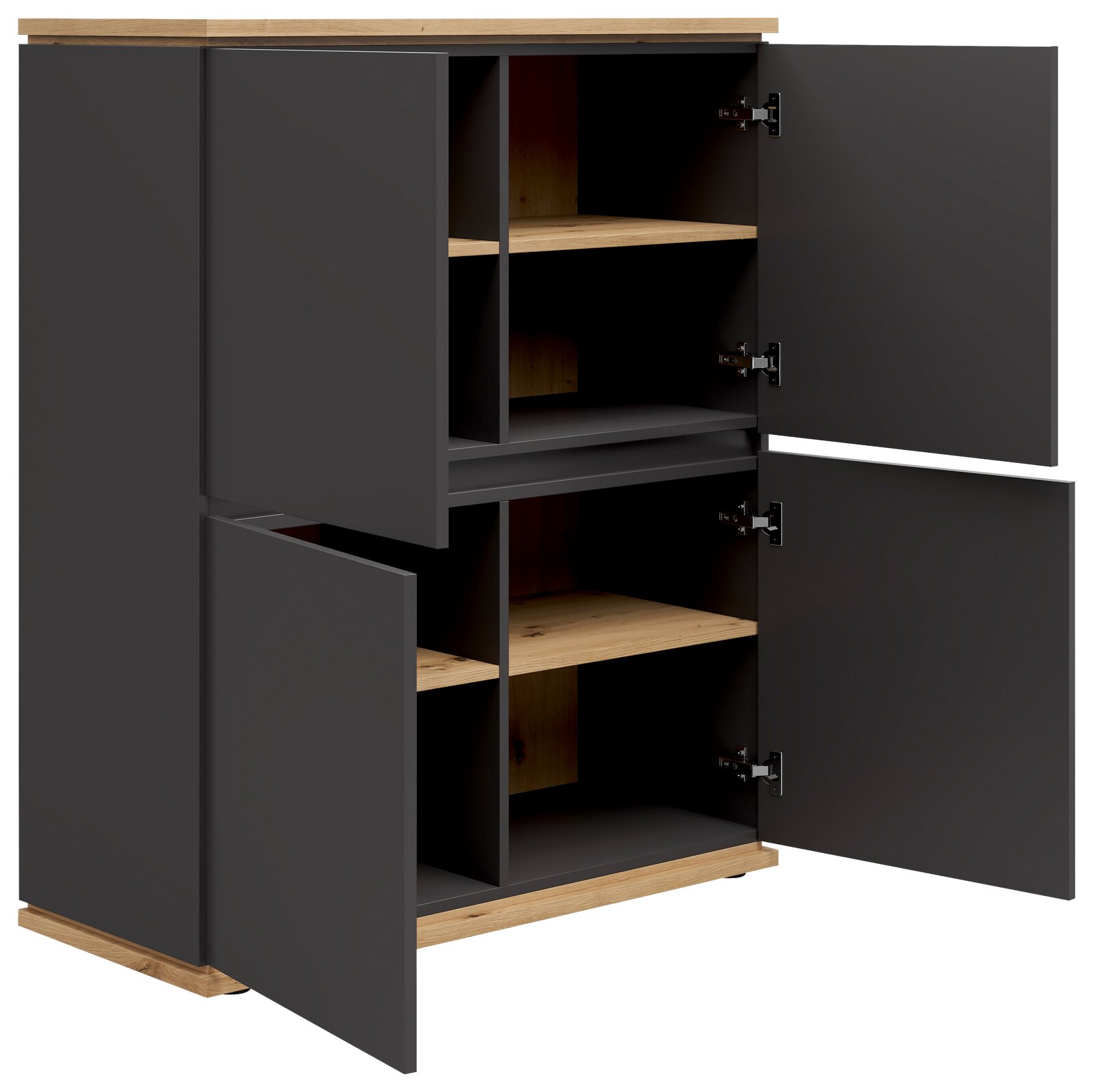 Highboard mit vier offenen Türen, graue Fronten und Holzelemente, seitliche Perspektive