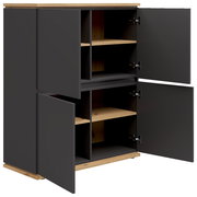 Highboard mit vier offenen Türen, graue Fronten und Holzelemente, seitliche Perspektive