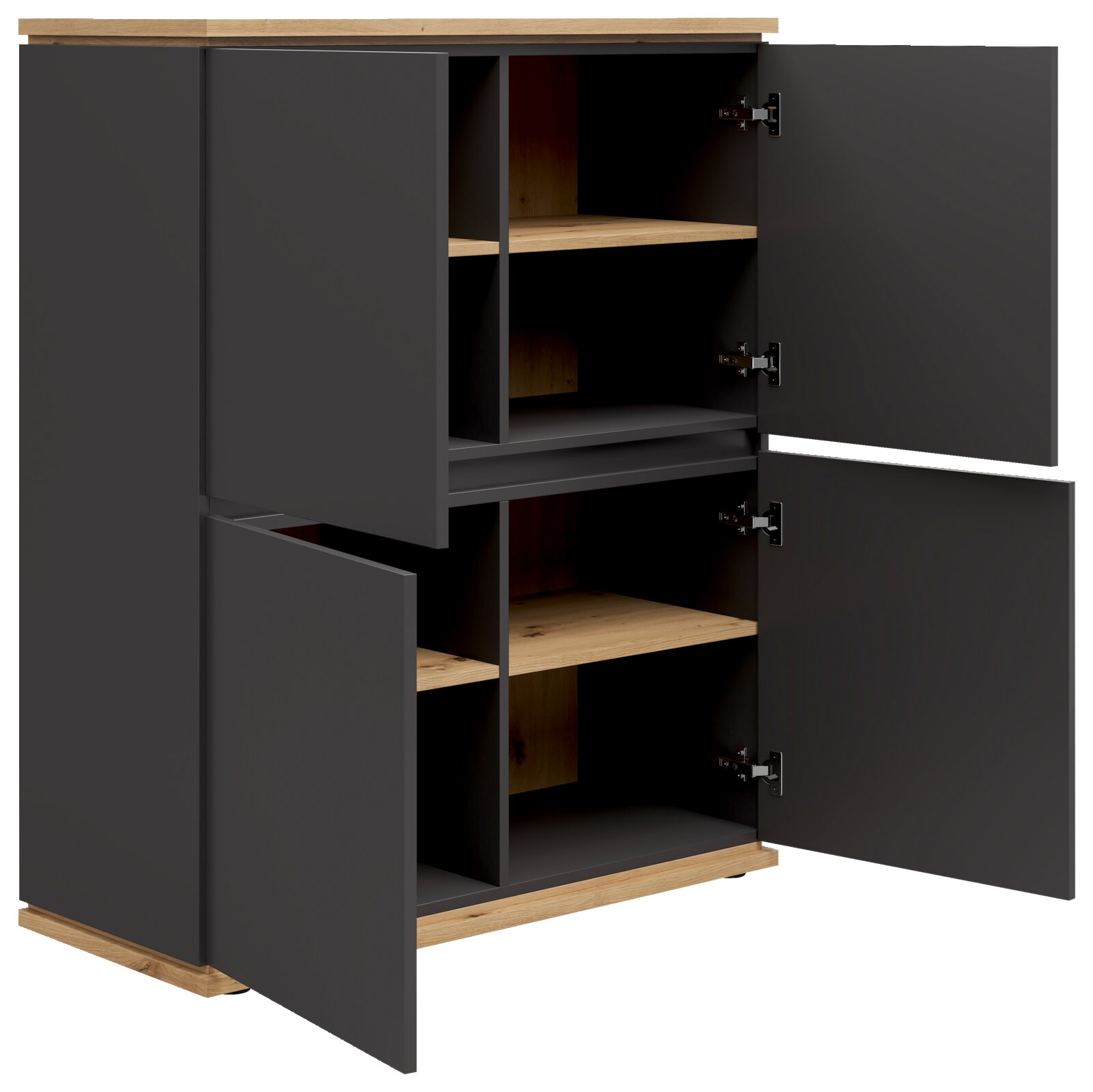 Highboard mit vier offenen Türen, graue Fronten und Holzelemente, seitliche Perspektive