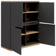 Highboard met vier open deuren, grijze fronten en houten elementen, zijaanzicht