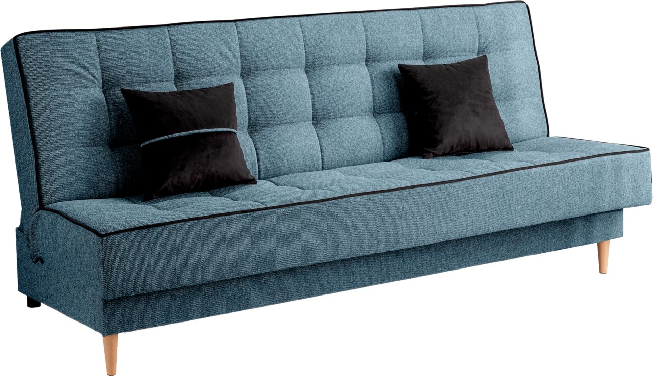 Blaues Schlafsofa mit drei Sitzen, zwei schwarzen Kissen und Holzbeinen, seitliche Perspektive