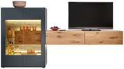 Moderne Wandkombination mit beleuchtetem Vitrinenschrank und hölzernem TV-Board, seitliche Perspektive