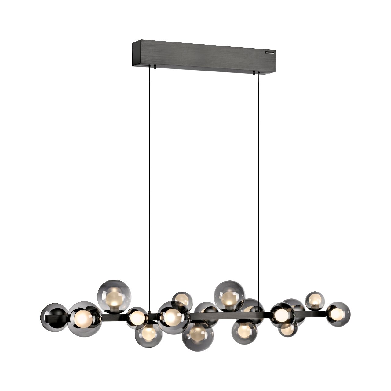 Moderne LED-Pendelleuchte mit mehreren kugelförmigen Glaselementen, seitliche Perspektive