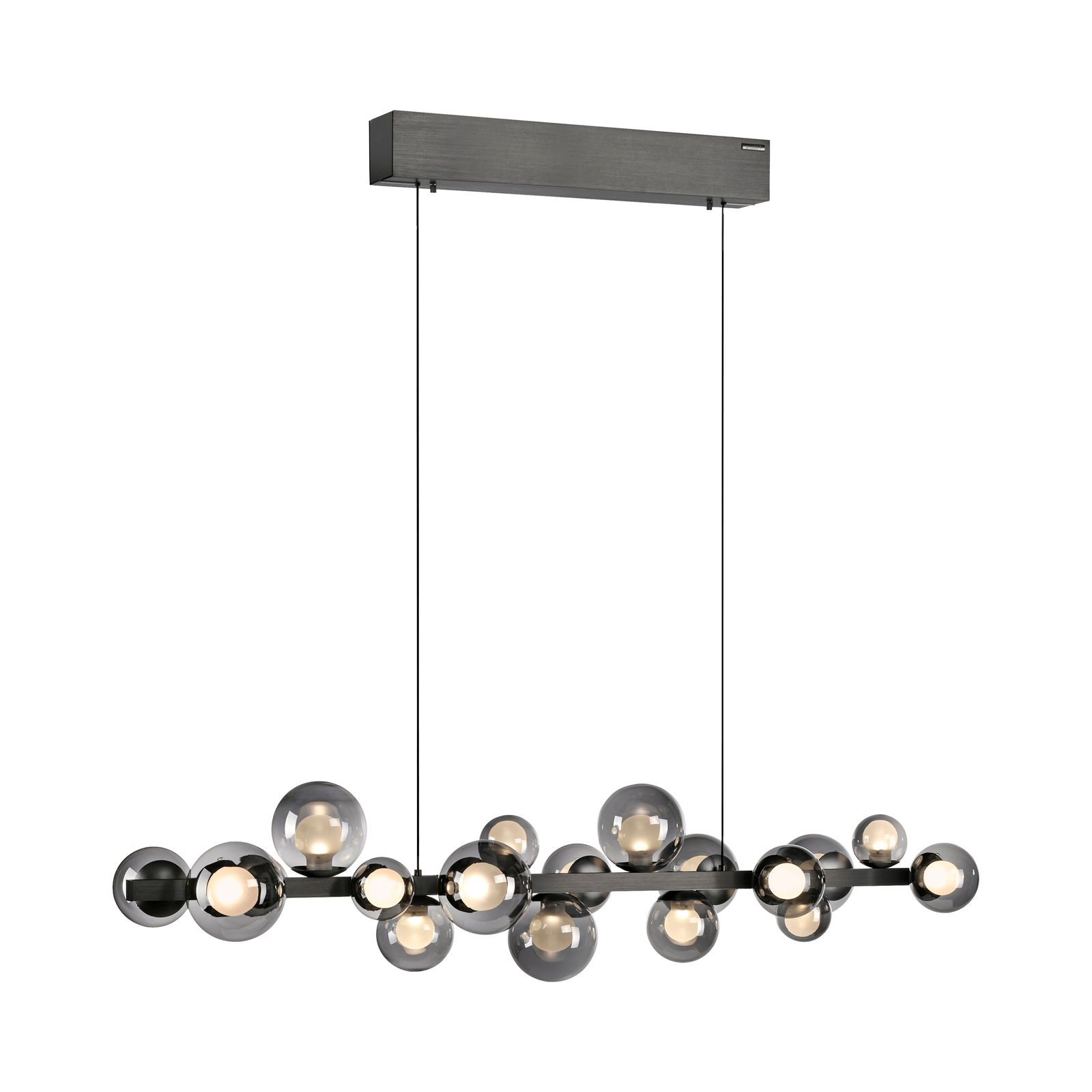 Moderne LED-Pendelleuchte mit mehreren kugelförmigen Glaselementen, seitliche Perspektive