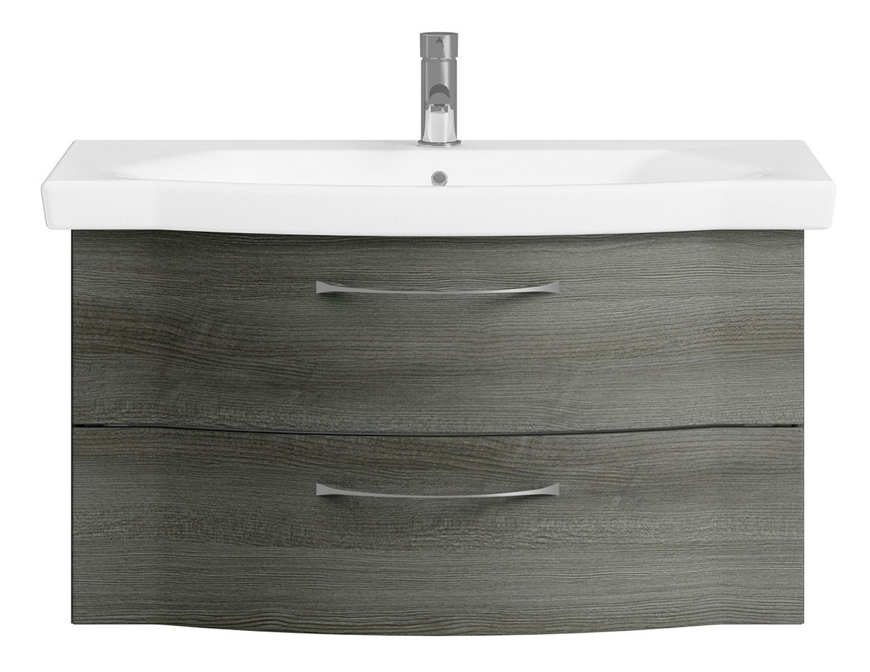 Pelipal Wastafeloplossing SERIE 6005 SPRINT Frontansicht eines modernen Waschtischs mit grauer Holzoptik und zwei Schubladen, ausgestattet mit einem weißen Waschbecken und einem Chrom-Wasserhahn.