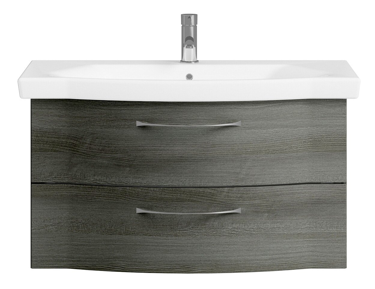 Frontansicht eines modernen Waschtischs mit grauer Holzoptik und zwei Schubladen, ausgestattet mit einem weißen Waschbecken und einem Chrom-Wasserhahn.