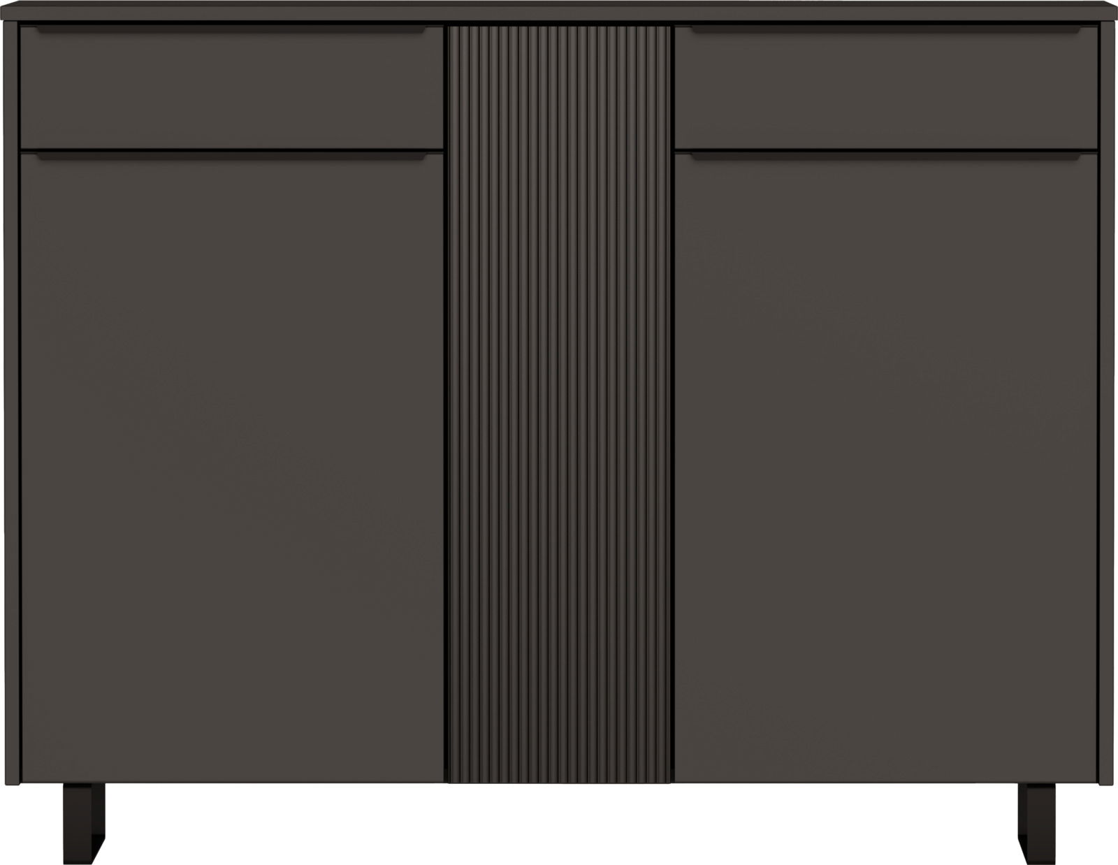 Vorderansicht eines modernen, dunkelbraunen XL-Schuhschranks mit zwei Schubladen und geriffeltem Design in der Mitte.