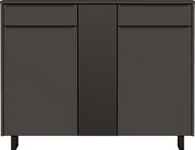 Vorderansicht eines modernen, dunkelbraunen XL-Schuhschranks mit zwei Schubladen und geriffeltem Design in der Mitte.