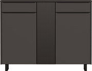 Vorderansicht eines modernen, dunkelbraunen XL-Schuhschranks mit zwei Schubladen und geriffeltem Design in der Mitte.