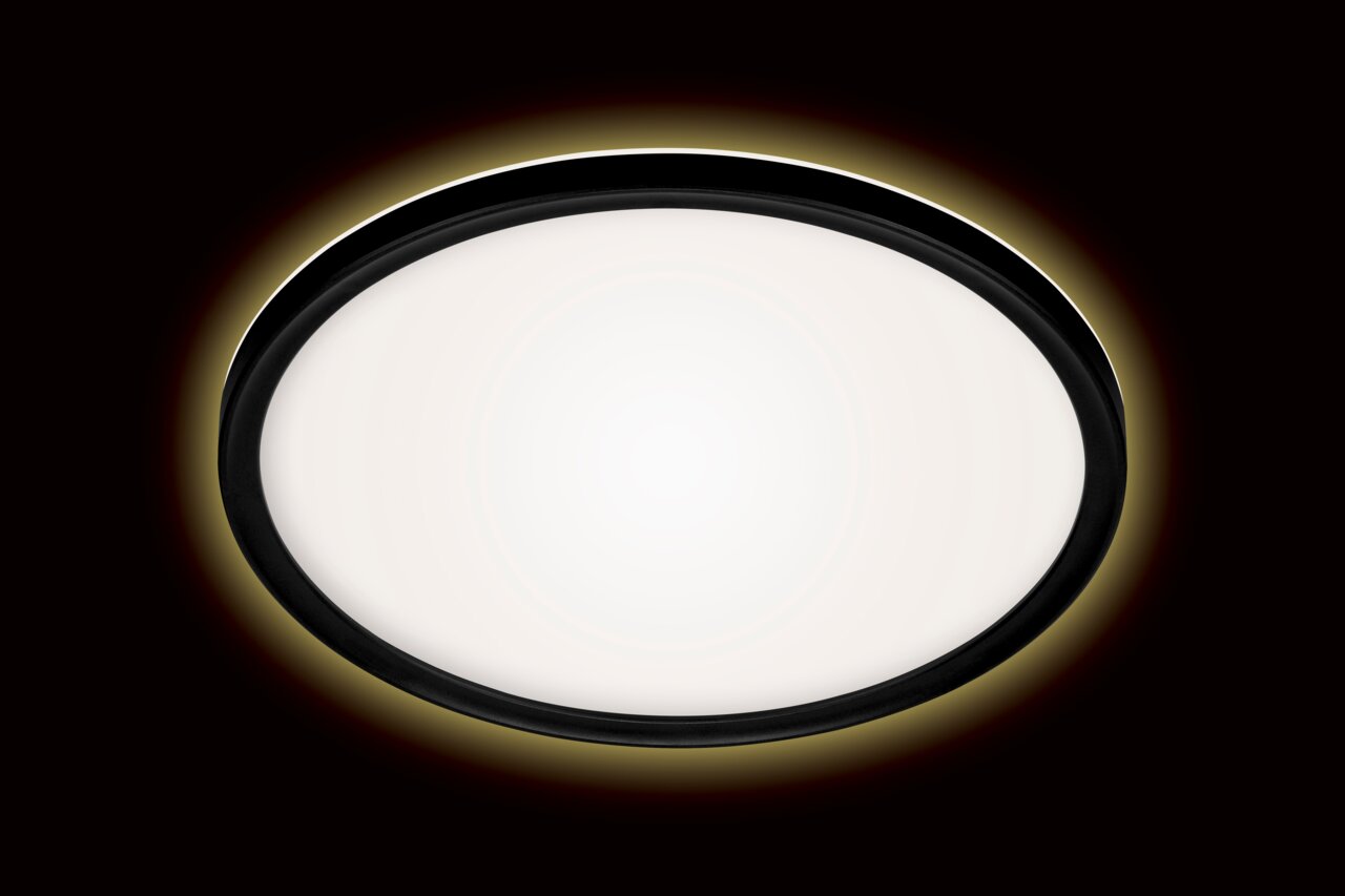 Runde LED-Deckenleuchte mit schwarzem Rahmen, Ansicht von unten