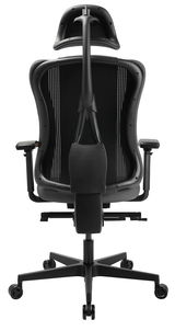 Rückansicht eines schwarzen Gaming-Stuhls mit ergonomischem Design und verstellbaren Armlehnen.