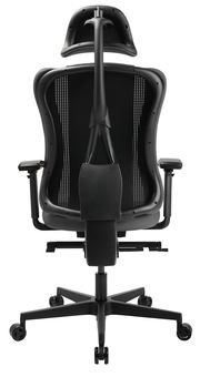 Rückansicht eines schwarzen Gaming-Stuhls mit ergonomischem Design und verstellbaren Armlehnen.