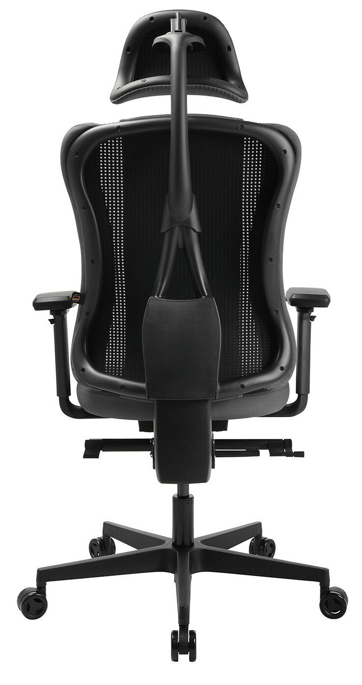 Rückansicht eines schwarzen Gaming-Stuhls mit ergonomischem Design und verstellbaren Armlehnen.