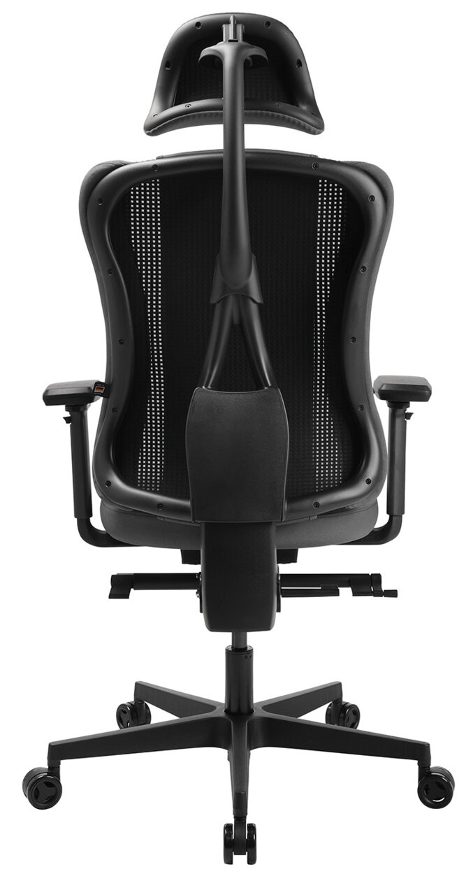 Achterkant van een zwarte gamingstoel met een ergonomisch ontwerp en verstelbare armleuningen.