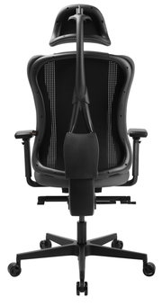 Achterkant van een zwarte gamingstoel met een ergonomisch ontwerp en verstelbare armleuningen.