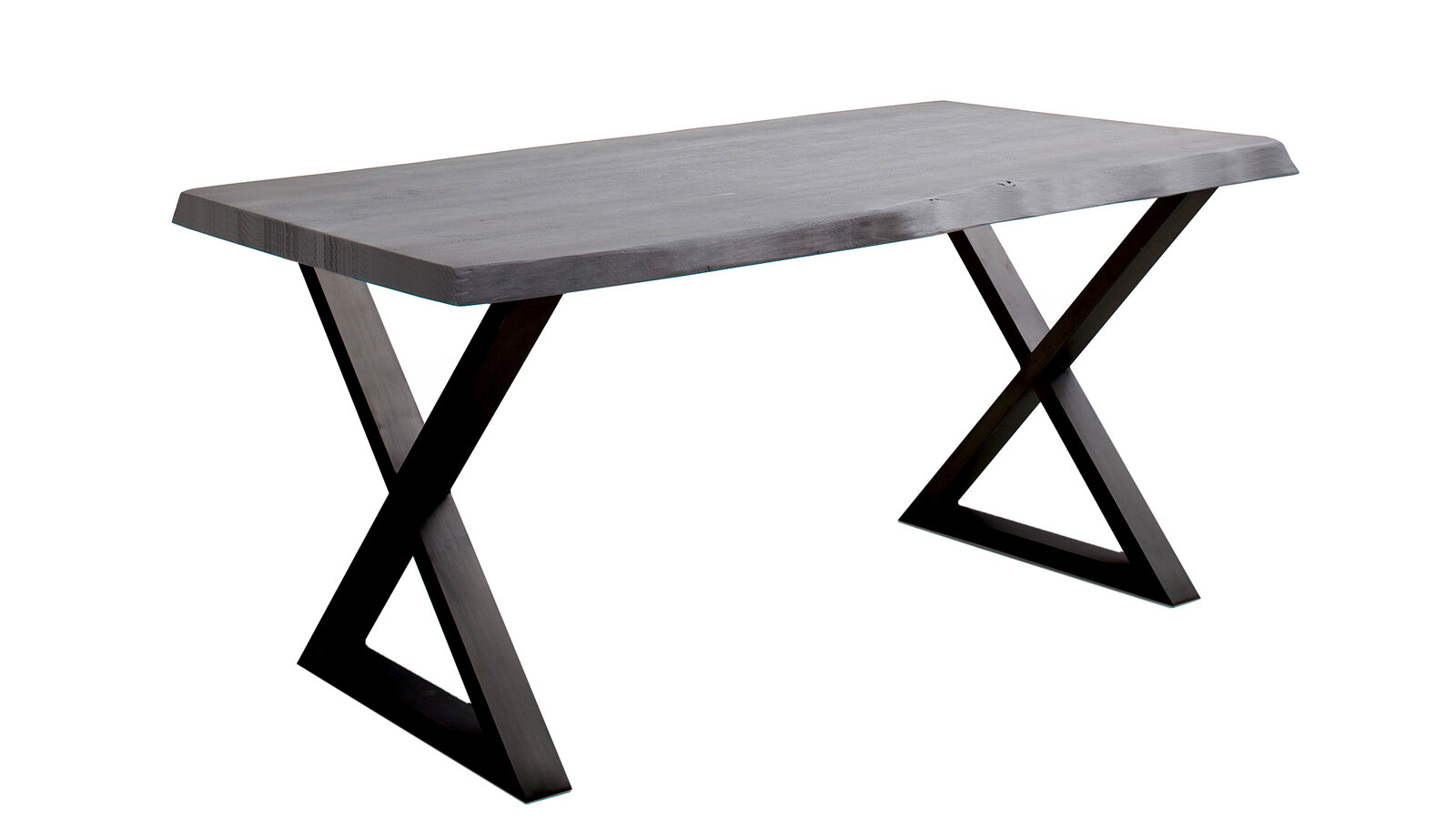 Moderner Esstisch mit X-förmigen Beinen aus dunklem Holz, seitliche Perspektive