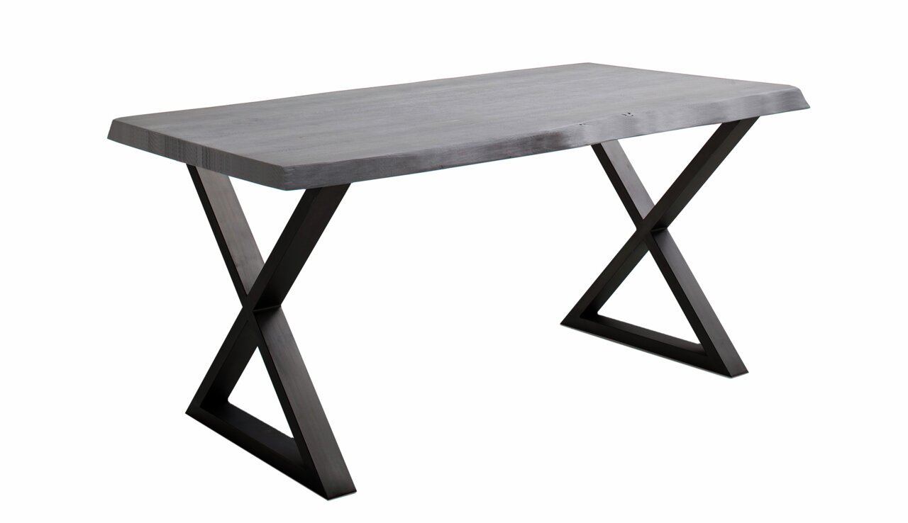 Moderner Esstisch mit X-förmigen Beinen aus dunklem Holz, seitliche Perspektive