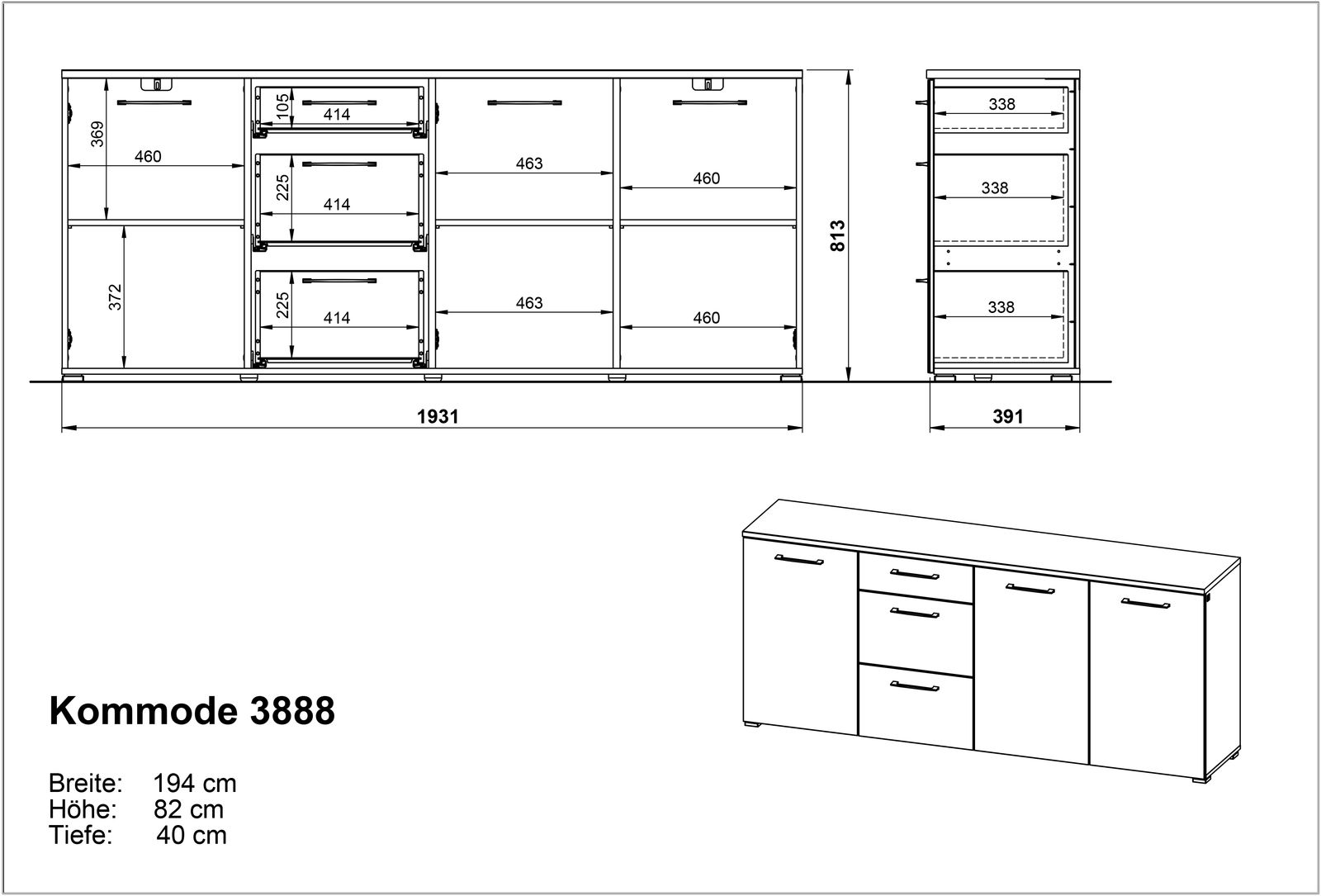 Technische Zeichnung eines Sideboards mit den Maßen Breite 194 cm, Höhe 82 cm, Tiefe 40 cm, Frontansicht und perspektivische Ansicht.