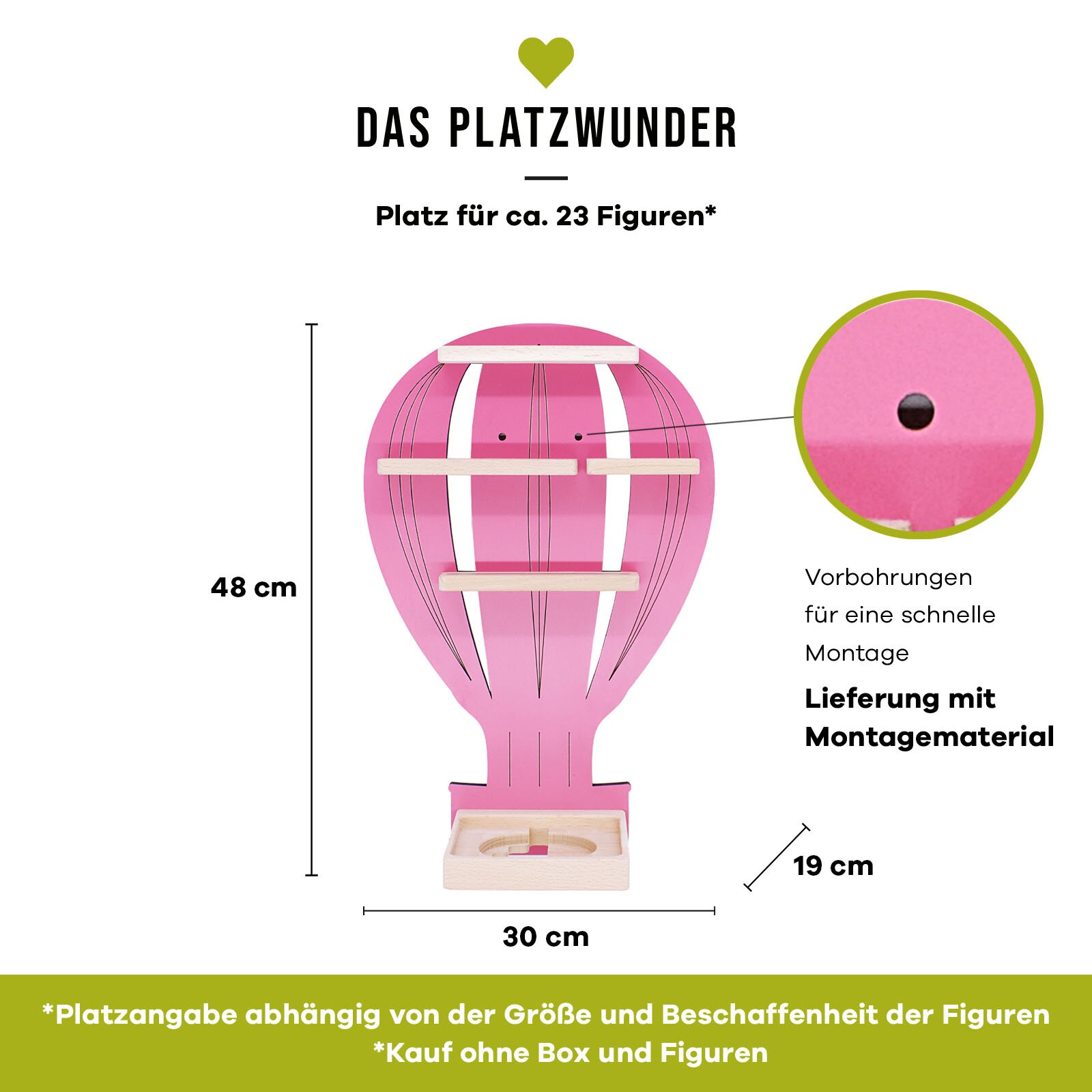 Frontansicht eines pinken, ballonförmigen Wandregals „Das Platzwunder“ mit drei Holzablagen und Holzbox unten; Maße ca. 48 cm hoch, 30 cm breit, 19 cm tief; Platz für ca. 23 Figuren; mit Vorbohrungen und Montagematerial.