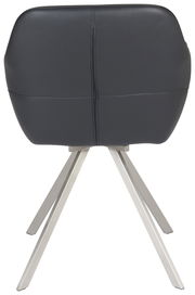 Rückansicht eines modernen Sessels mit schwarzer Polsterung und silbernen Metallbeinen.