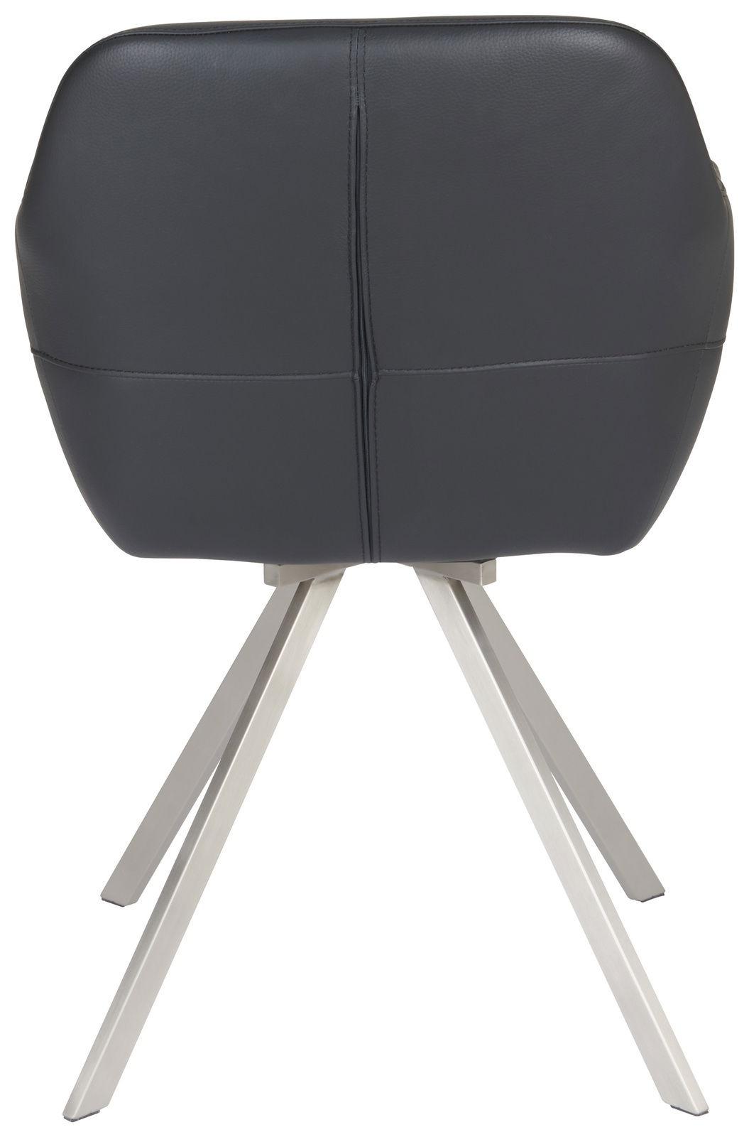 Rückansicht eines modernen Sessels mit schwarzer Polsterung und silbernen Metallbeinen.