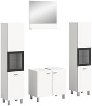 Moderne Badkombination BOSTON in Weiß mit zwei hohen Schränken, einem Spiegel und einem Unterschrank, frontal abgebildet.