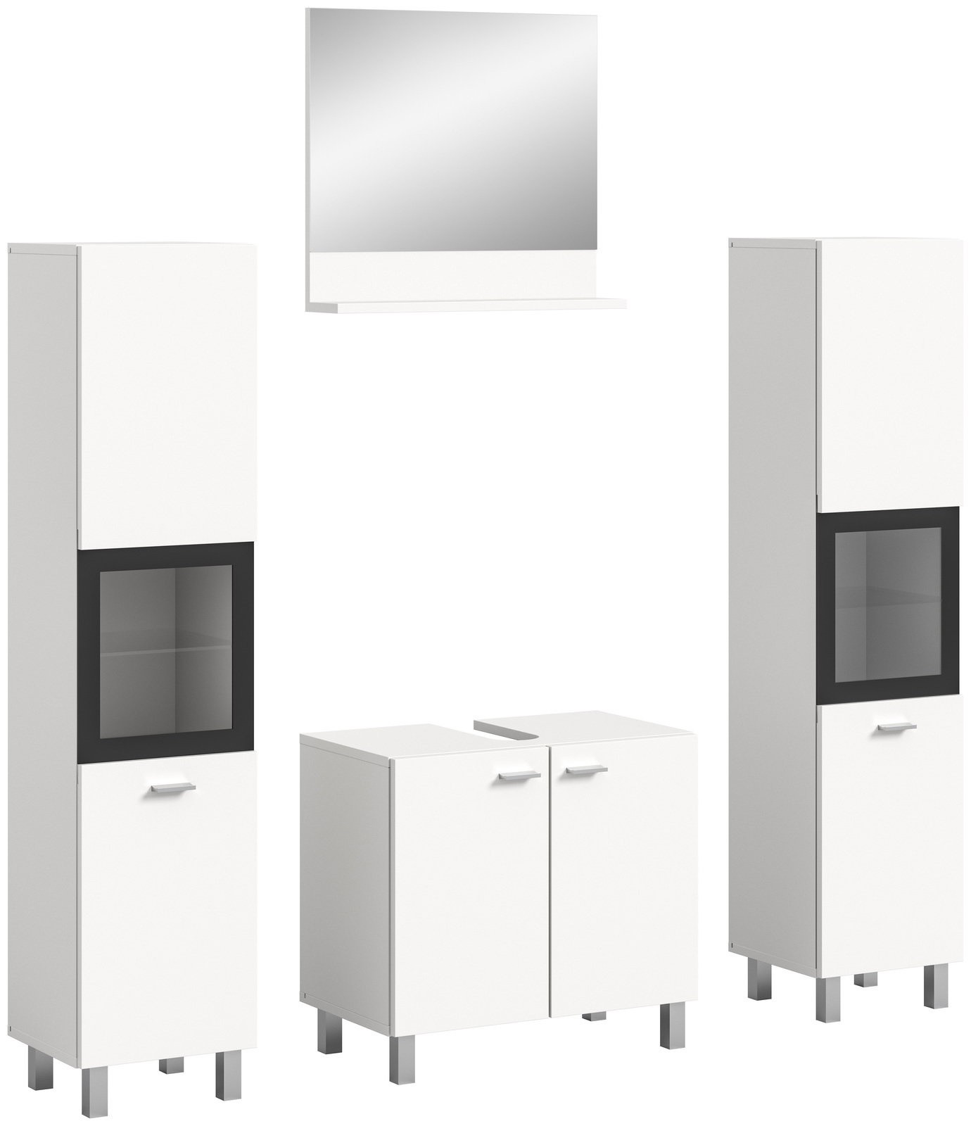 Moderne Badkombination BOSTON in Weiß mit zwei hohen Schränken, einem Spiegel und einem Unterschrank, frontal abgebildet.