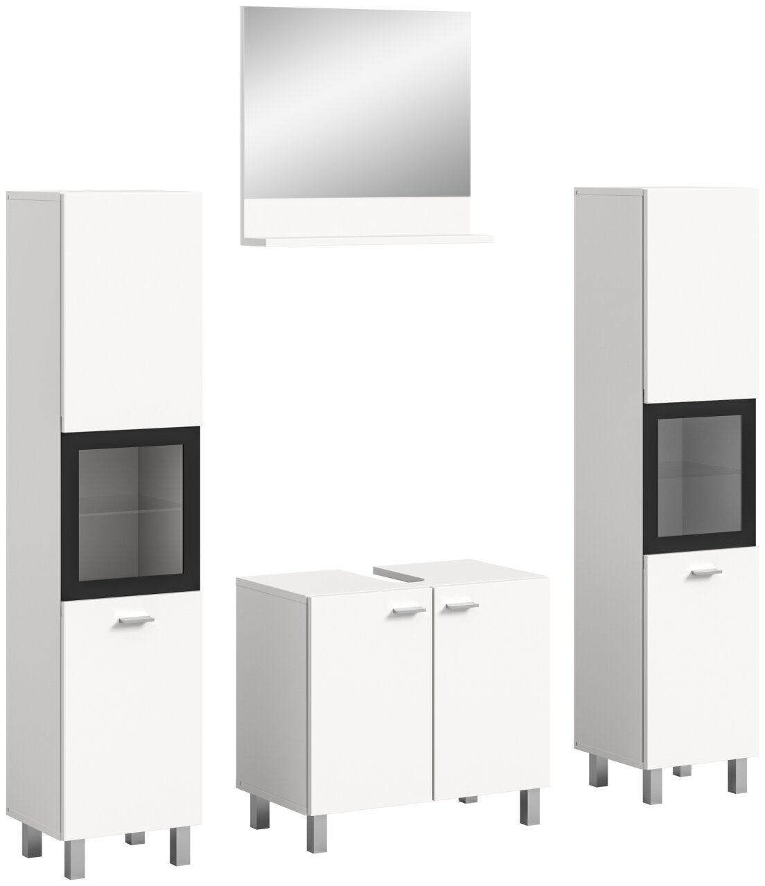 Moderne Badkombination BOSTON in Weiß mit zwei hohen Schränken, einem Spiegel und einem Unterschrank, frontal abgebildet.
