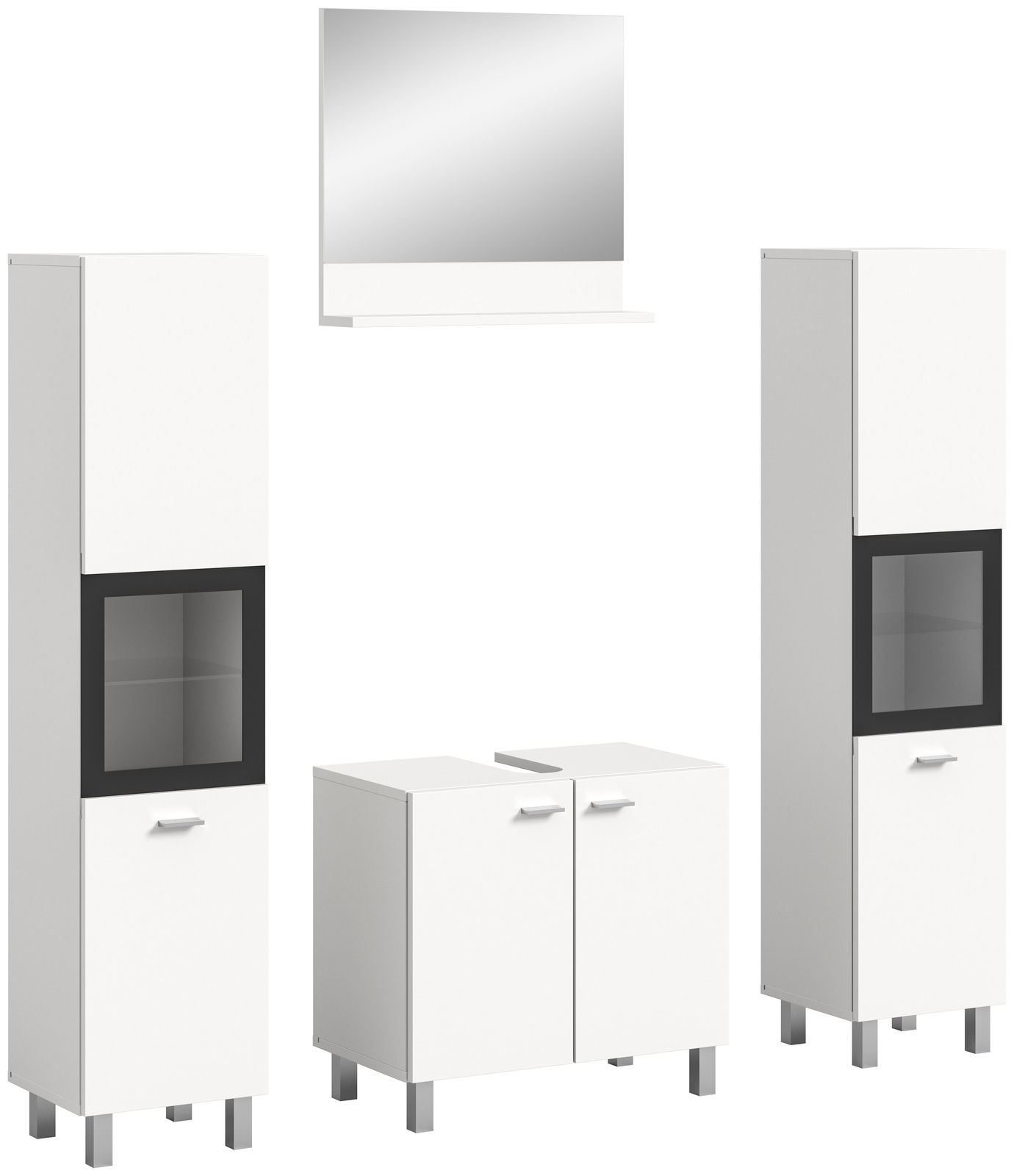 Moderne Badkombination BOSTON in Weiß mit zwei hohen Schränken, einem Spiegel und einem Unterschrank, frontal abgebildet.