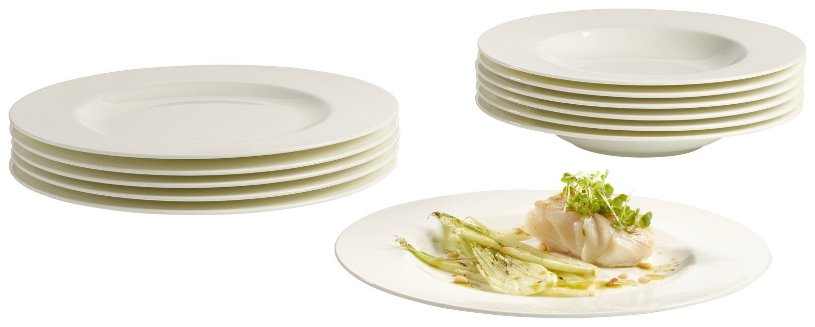 Ein 12-teiliges Tafelset Noblesse mit flachen und tiefen weißen Tellern, präsentiert aus einer seitlichen Perspektive. Ein Teller ist mit einem Fischgericht angerichtet.